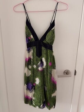 RARE 100% SILK Green Printed Dress with Black Trim